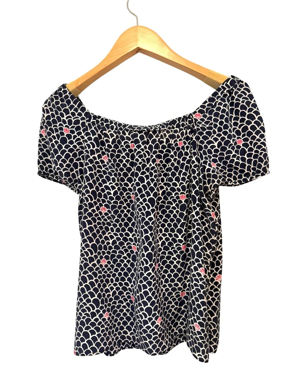 Lilly Pulitzer Silk Off Shoulder Top Navy Pink  Shell Fan Print Size 8